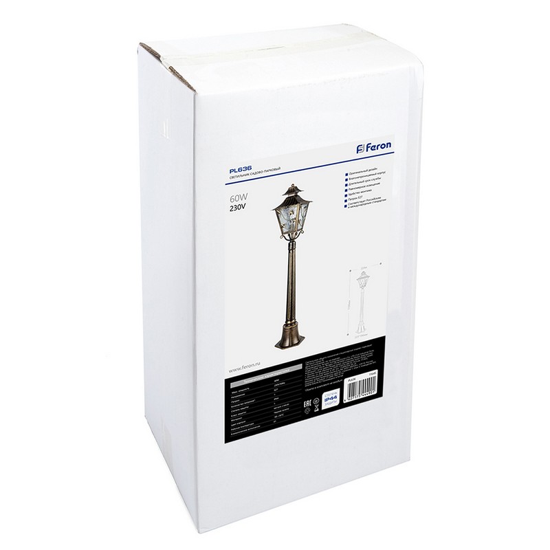 Светильник садово-парковый Feron PL636 столб 60W 230V E27 черное золото 11645