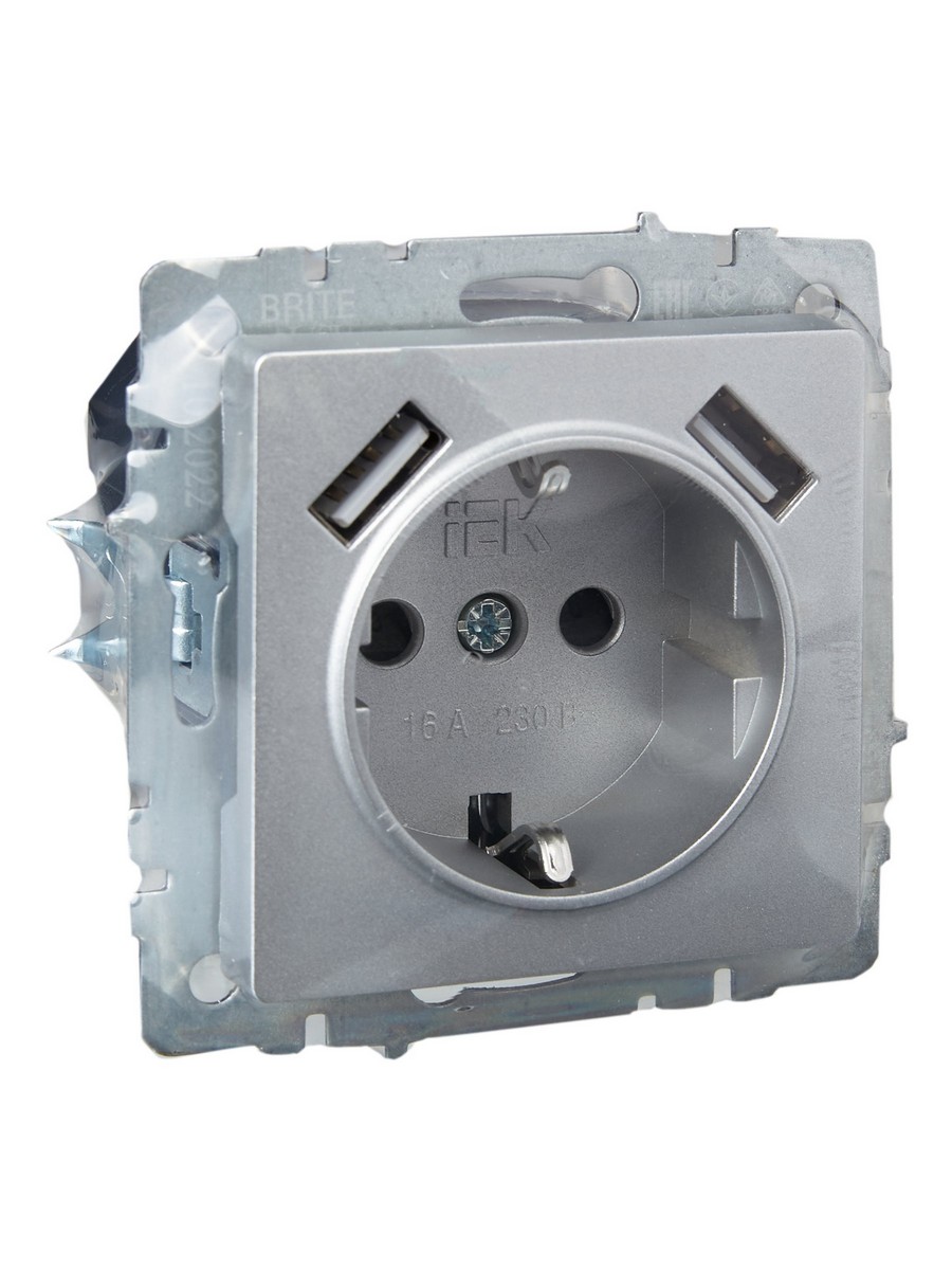 IEK Brite Алюминий Розетка IEK BRITE с с/з и шторками 16А с USB A+A 3,1А РЮш10-2-БрА алюминий BR-R14-16-U21-D31-K47