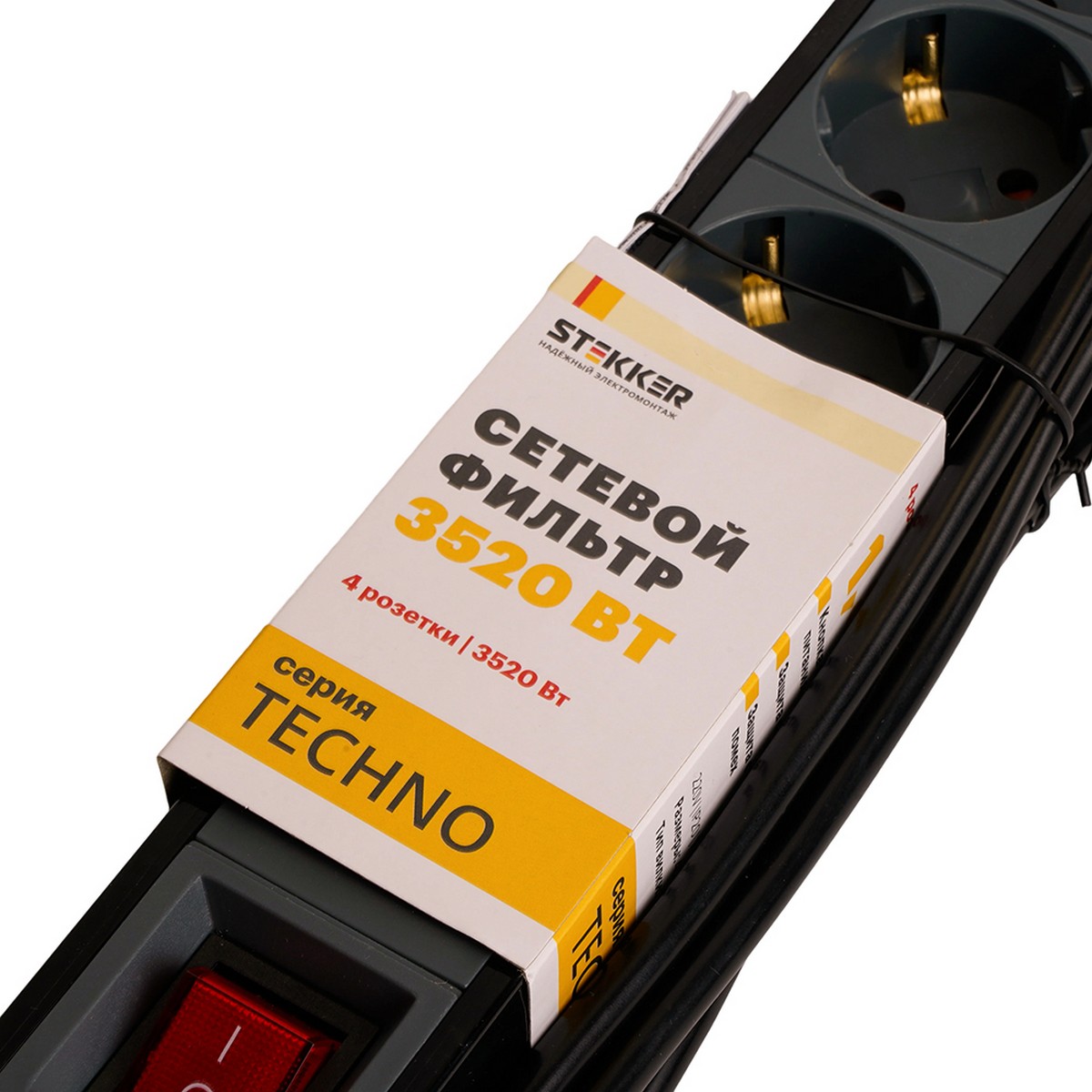 Колодки и удлинители, тройники Сетевой фильтр 4-местный с/з STEKKER HM22-41-03 3 м Techno черный 50157 