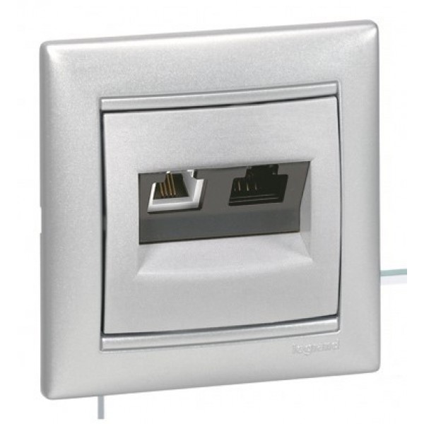 Розетка телефон + компьютер Legrand Etika алюминий (RJ11+RJ45) 5 кат. UTP 672452