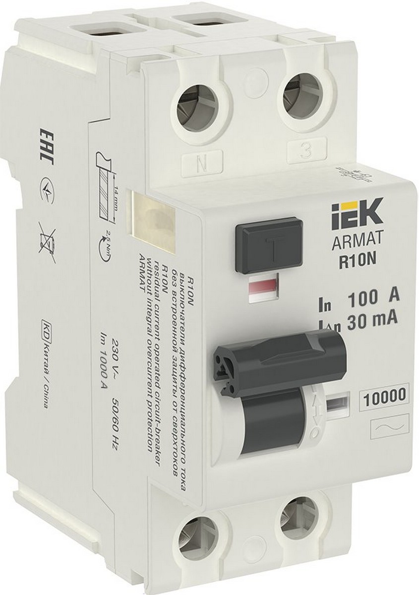 ВДТ УЗО IEK ARMAT R10N 2P 100А 30мА тип AC AR-R10N-2-100C030