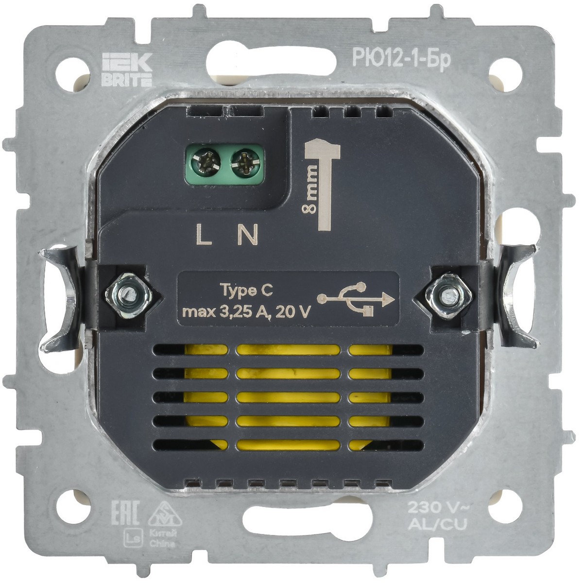 Розетка USB IEK BRITE C 65Вт высокоскор. зар. РЮ12-1-БрА алюминий