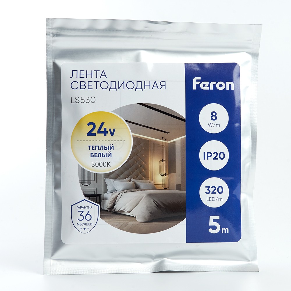 Светодиодная лента белая теплая Лента светодиодная Feron LS530 COB 320SMD(2110)/м 10Вт/м 24V 3000К IP20 5 метров 48263 
