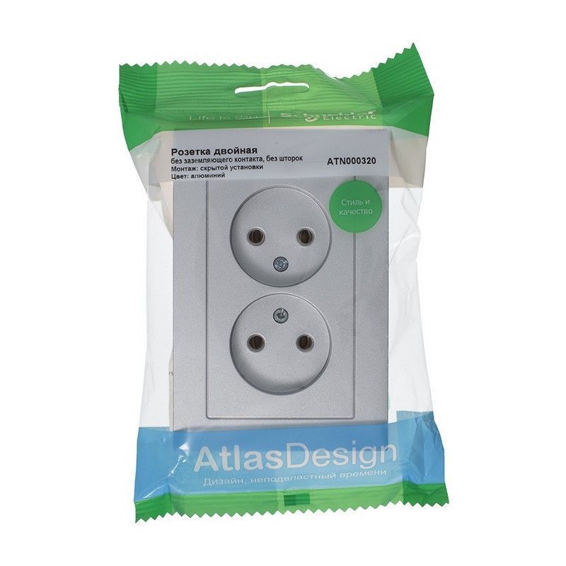 AtlasDesign Алюминий Розетка Systeme Electric AtlasDesign Алюминий б/з двойная, 16А, в сборе ATN000320