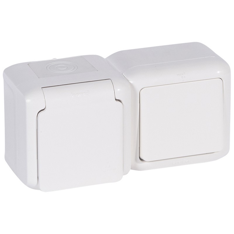 Выключатель+розетка Legrand Quteo с/заземлением IP44 белый  782318