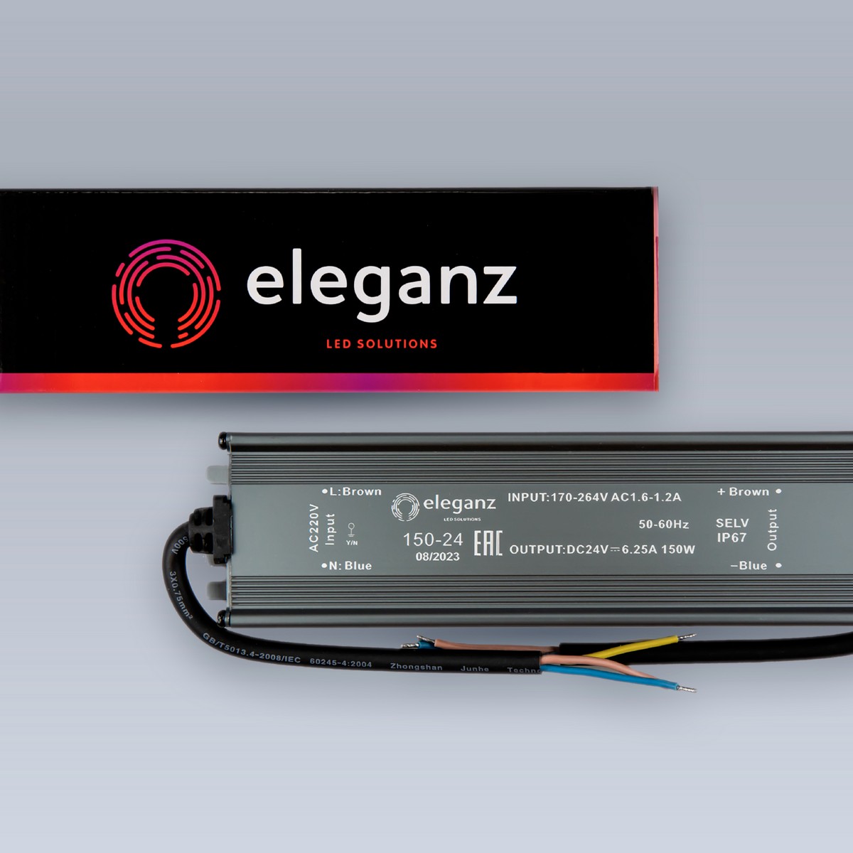 Блок питания для светодиодной ленты Eleganz 24V 150W IP67 герметичный узкий 200х45х70мм EL-0600