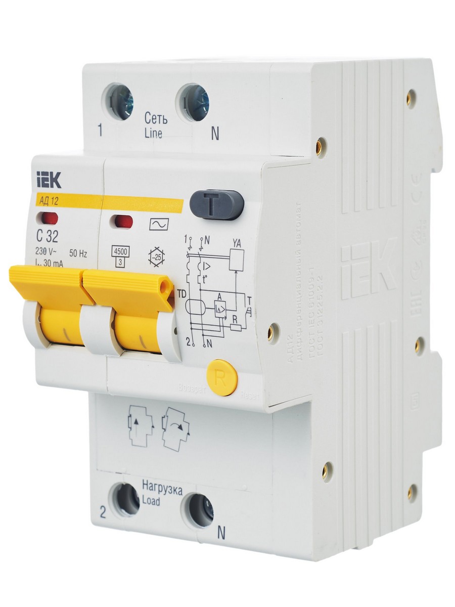 IEK Дифференциальный автоматический выключатель IEK KARAT АД12 2Р 32A 30мА MAD10-2-032-C-030 