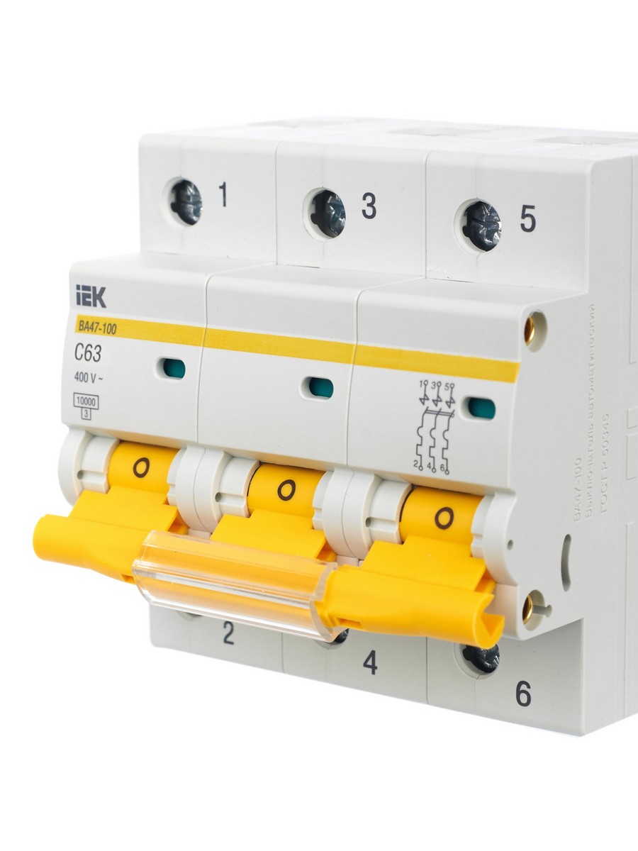 3 полюсные (трехполюсные) Автоматический выключатель IEK KARAT ВА 47-100 3Р 63А 10 кА х-ка С MVA40-3-063-C 