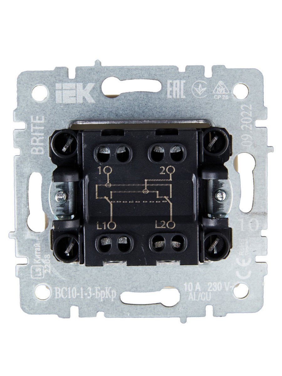 IEK Brite Бежевый Выключатель IEK BRITE 1-клавишный перекрестный 10А ВС10-1-3-БрКр бежевый BR-V13-0-10-K10