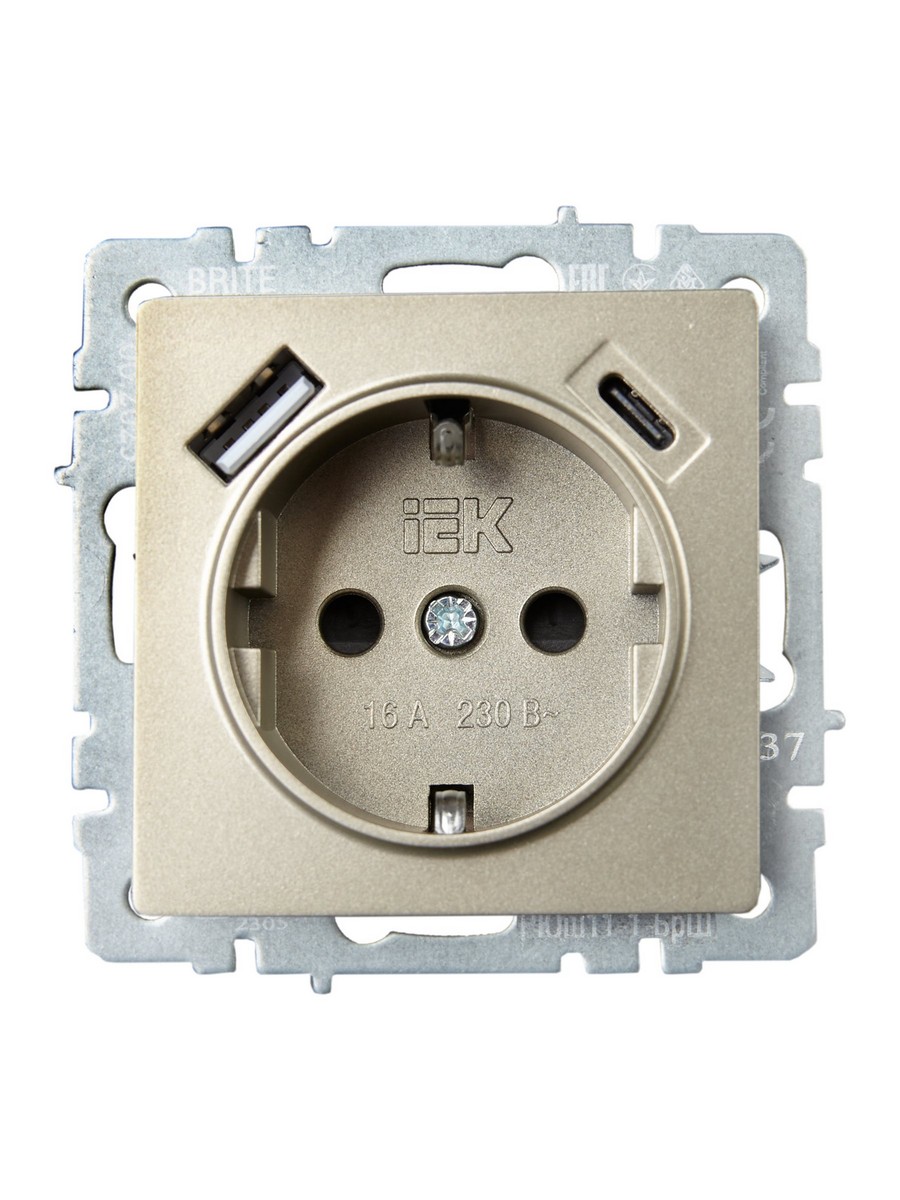 Розетка IEK BRITE с с/з и шторками 16А с USB A+C 18Вт РЮш11-1-БрШ шампань BR-R14-16-U22-018-K37