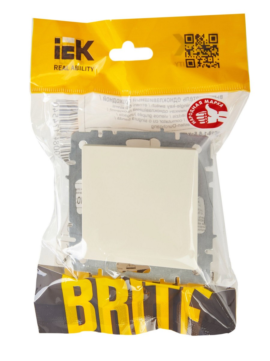 Выключатель IEK BRITE 1-клавишный проходной 10А ВС10-1-6-БрКр бежевый BR-V12-0-10-K10