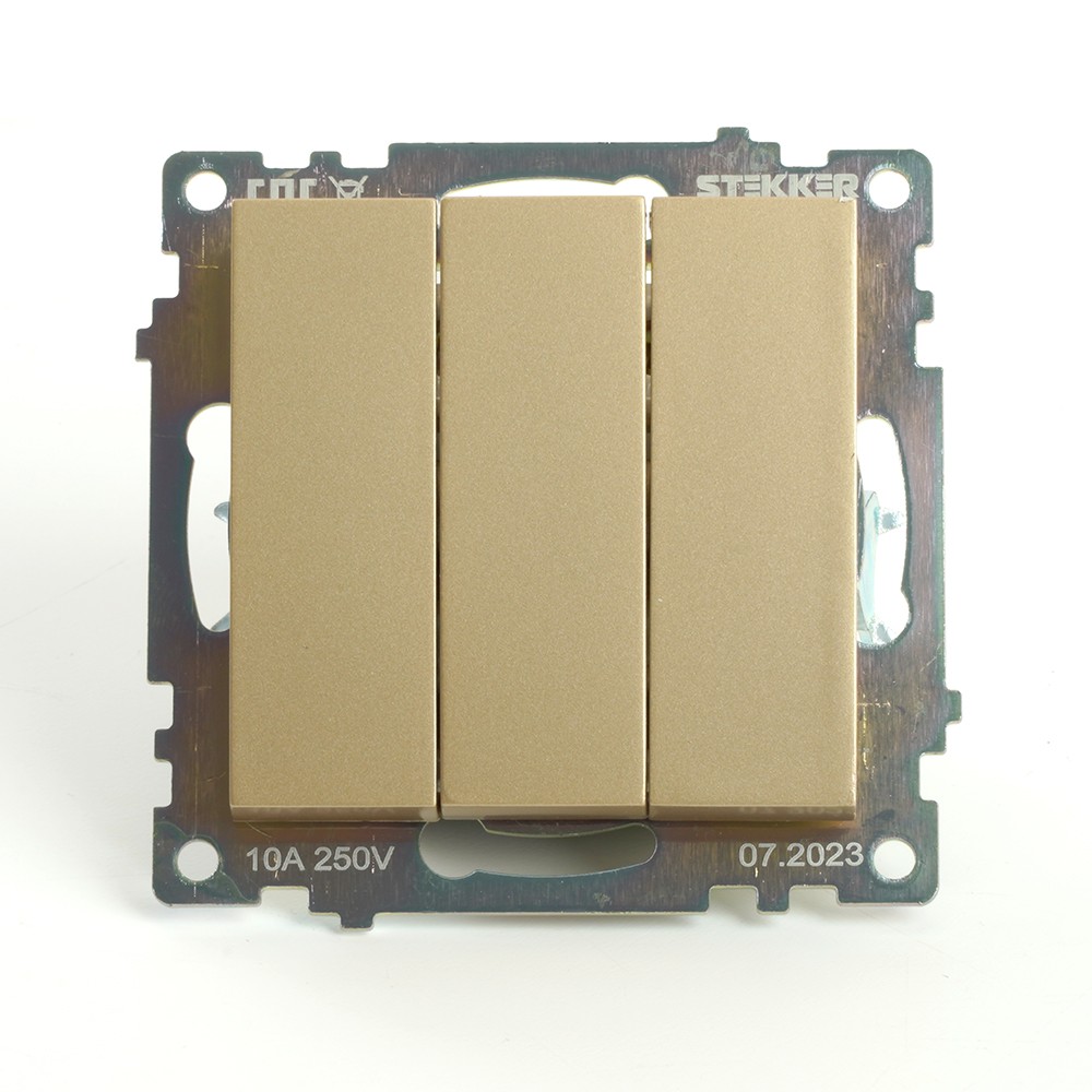 Катрин - Розетки и выключатели Stekker Выключатель 3-клавишный STEKKER GLS10-7108-08 250V 10А Катрин золото 49219