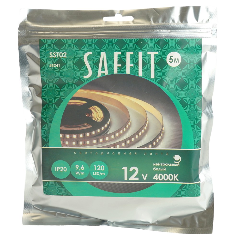Лента светодиодная SAFFIT SST02 120SMD(2835)/м 9.6Вт/м 12V 4000К IP20 5 метров 55241