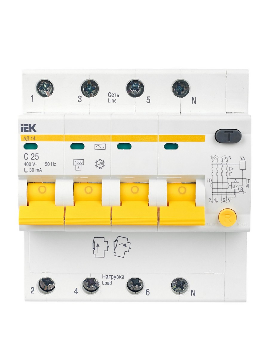 IEK Дифференциальный автоматический выключатель IEK KARAT АД14 4Р 25А 30мА MAD10-4-025-C-030 
