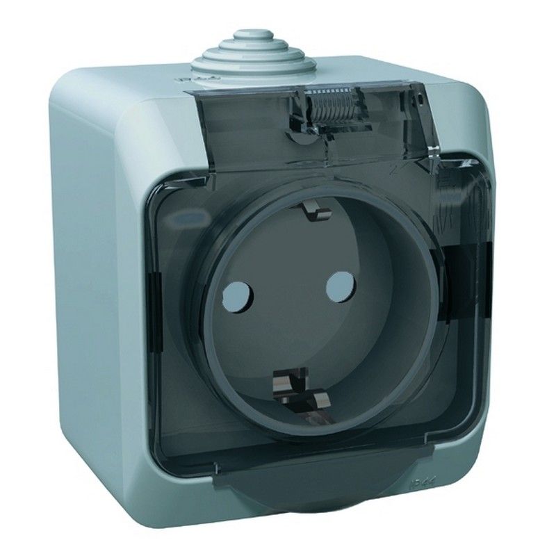 Этюд Серый Розетка 1-ая Systeme Electric Этюд наружный Серая с/з с крышкой, с защитными шторками IP44 PA16-04