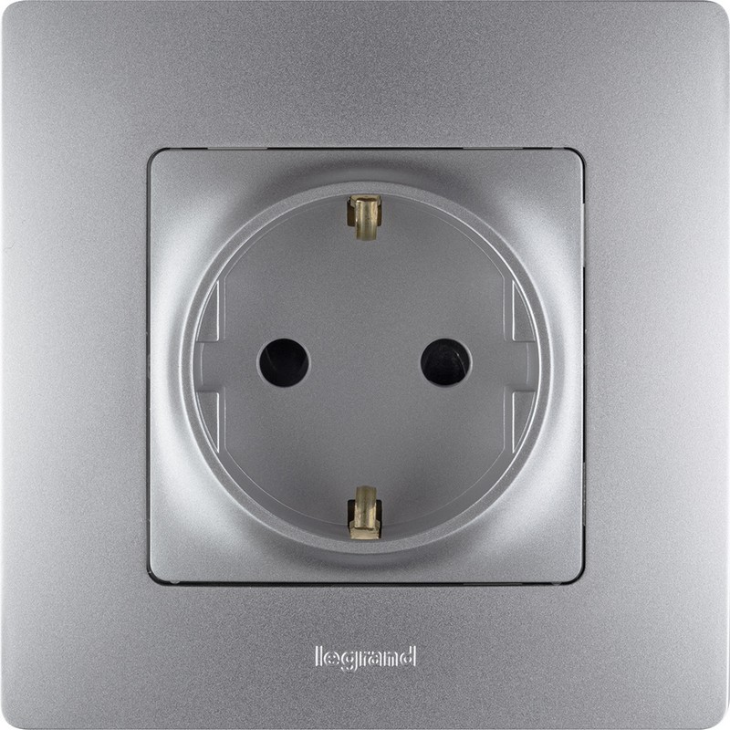 Розетка электрическая Legrand Etika алюминий с/з со шторками, винт. клеммы, 16А, 250 В 672422