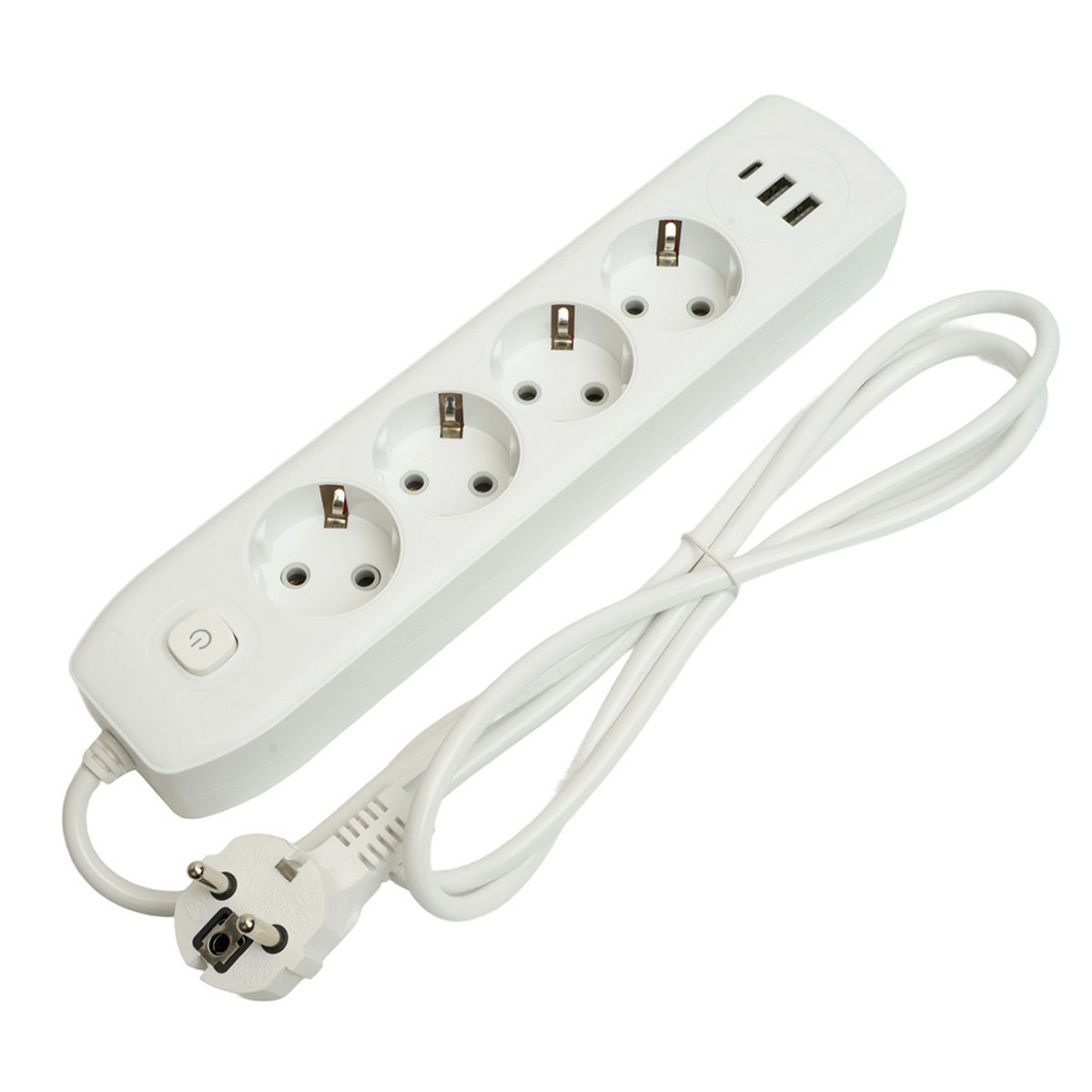 Удлинитель STEKKER HM08-43-02 4-местный c/з 3x1 мм2 1,8 м 2USB+1Type-C 2,4А Home белый 49971