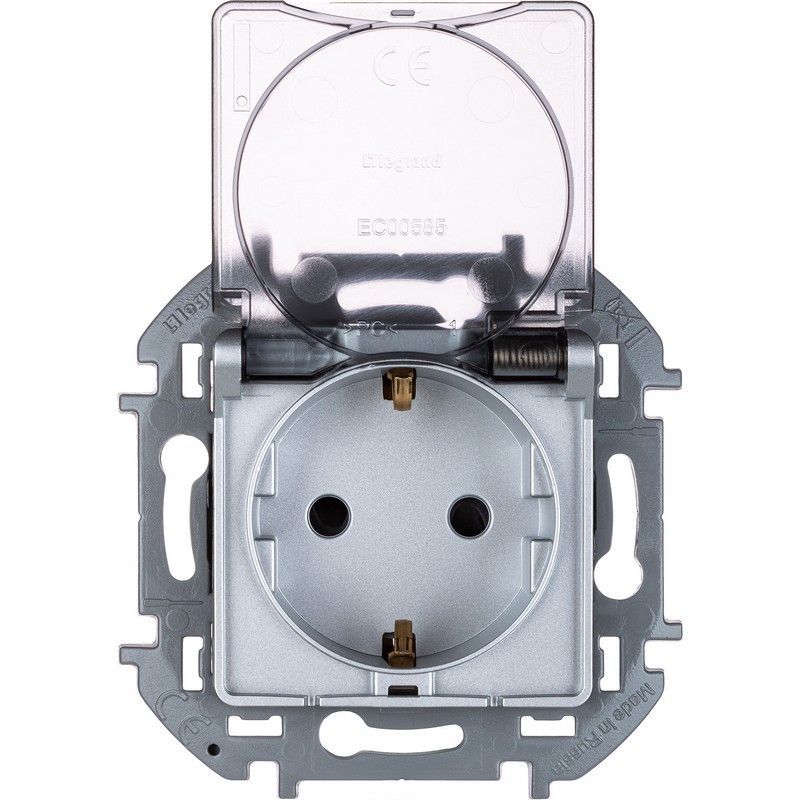 Legrand Inspiria Алюминий Розетка Legrand INSPIRIA Алюминий с заземлением IP 44 с откидной крышкой и шторками 16А 250 В 673742