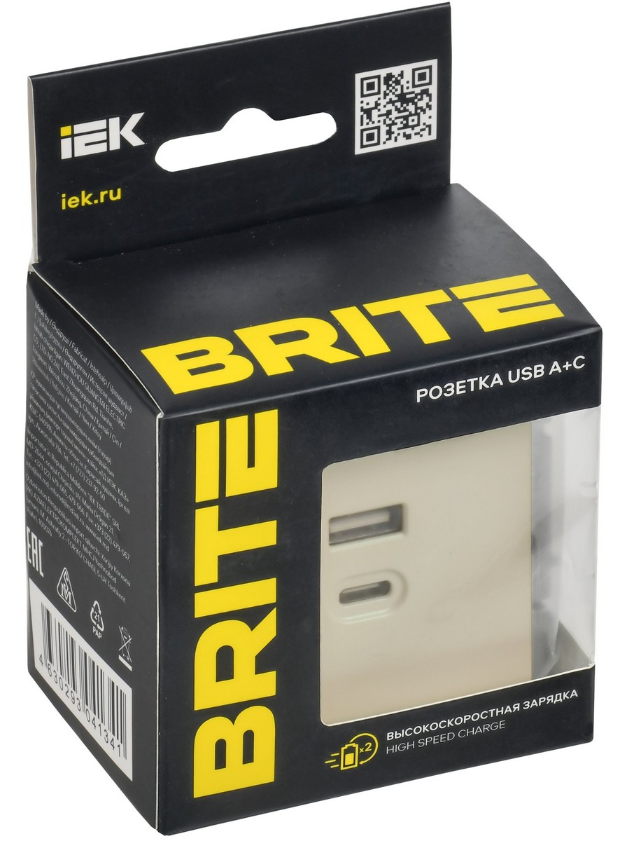 Розетка USB IEK BRITE A+C 45Вт высокоск. зар. РЮ11-2-БрКр бежевый