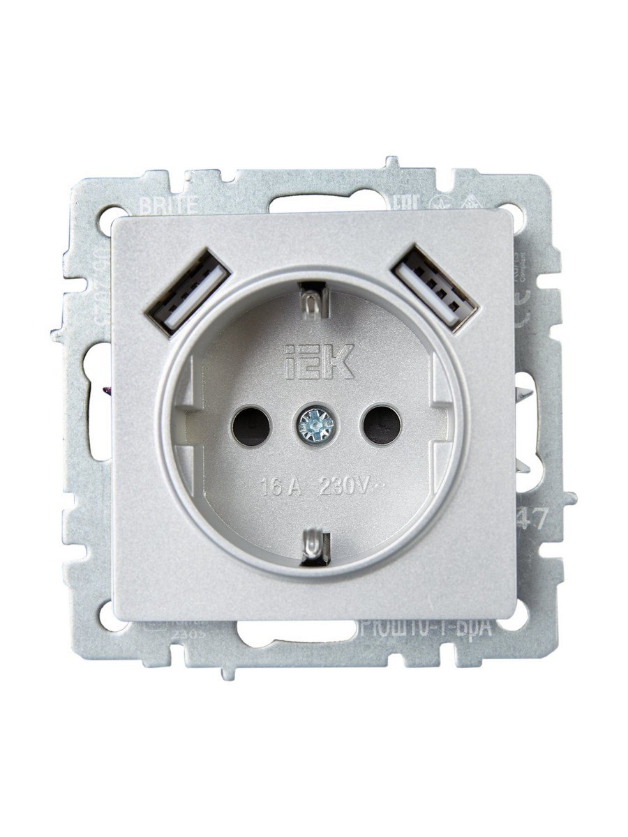 Розетка IEK BRITE с с/з и шторками 16А с USB A+A 2,1А РЮш10-1-БрА алюминий BR-R14-16-U21-D21-K47