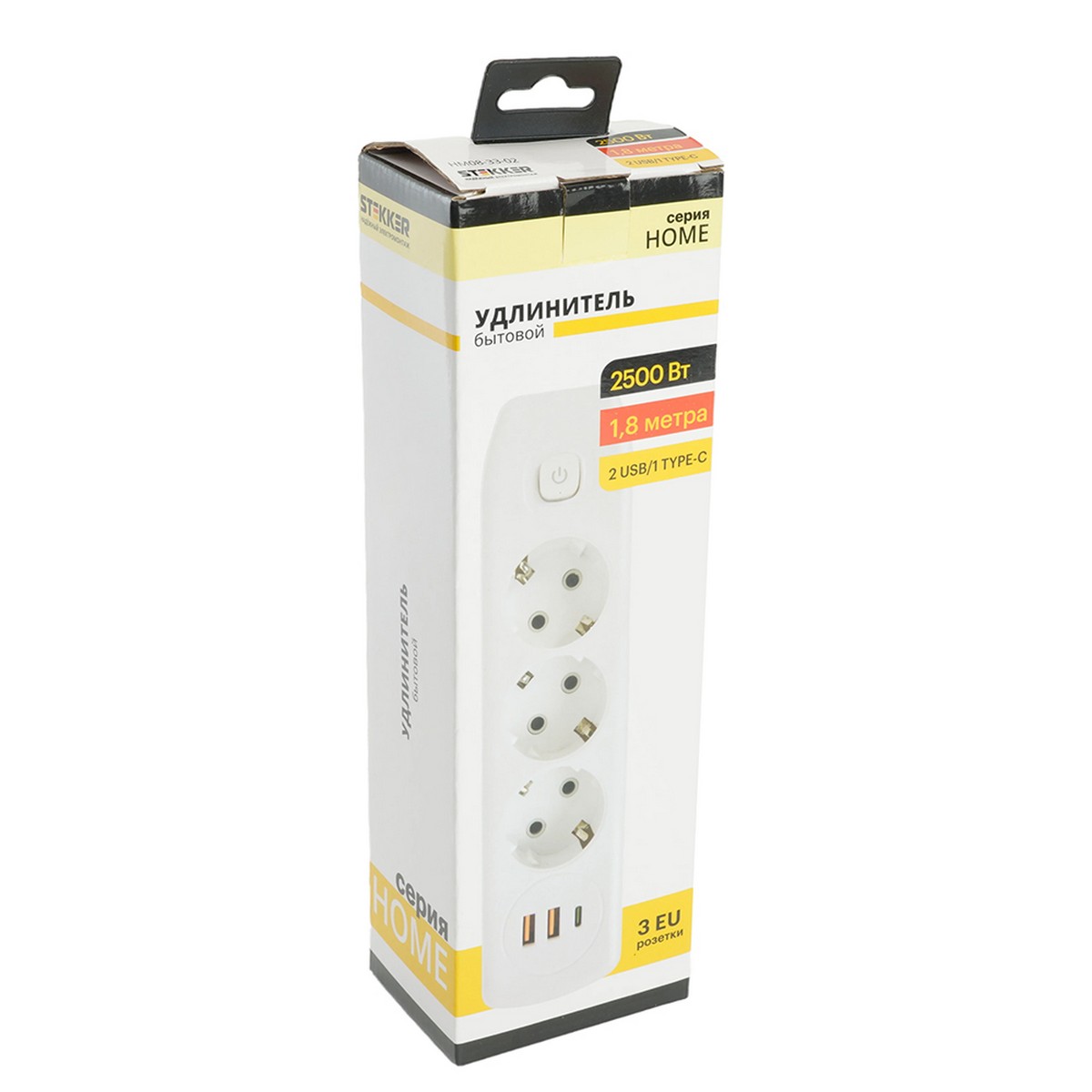 Удлинитель STEKKER HM08-33-02 3-местный c/з 3x1 мм2 1,8 м 2USB+1Type-C 2,4А Home белый 49970