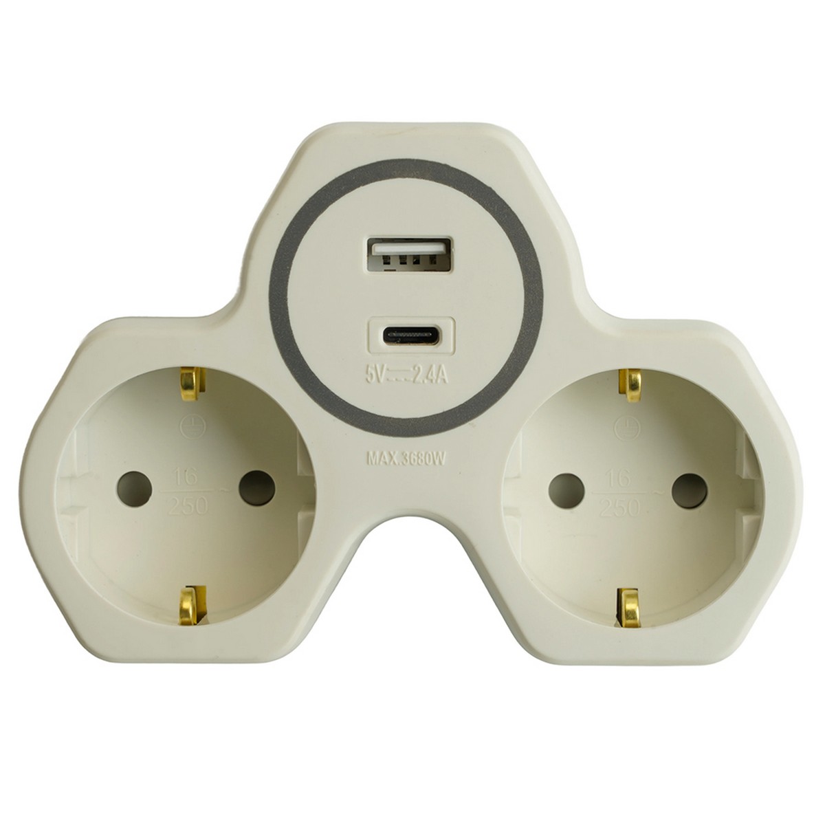 Разветвитель сетевой 2-местный с/з STEKKER ADP16-15-20 и USB+Type C на 2.4А белый/серый 50071