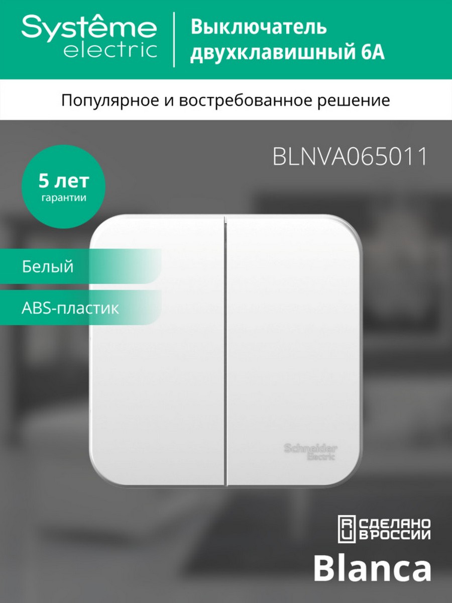 Выключатель SE Blanca 2-клавишный Белый наружный 6А изолир. пластина BLNVA065011