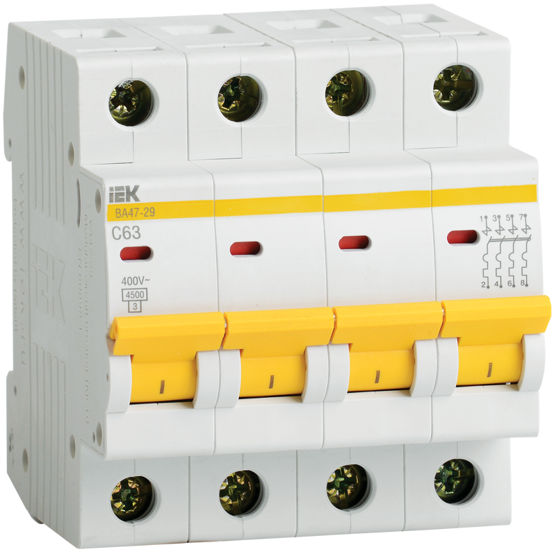 4 полюсные (четырехполюсные) Автоматический выключатель IEK KARAT ВА47-29 4Р 50А 4,5кА х-ка С MVA20-4-050-C 