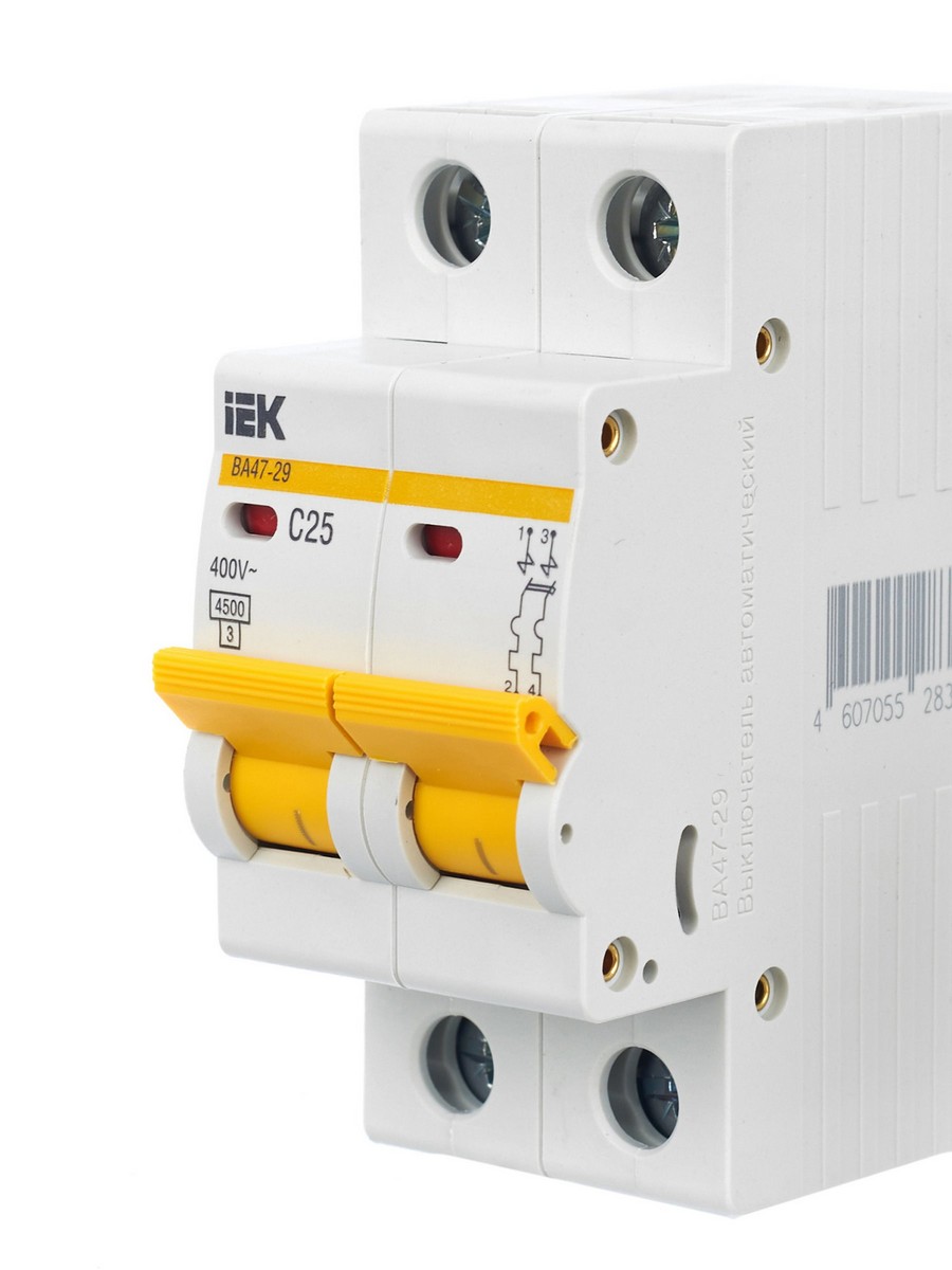 2 полюсные (двухполюсные) Автоматический выключатель IEK KARAT ВА47-29 2Р 25А 4,5кА х-ка С MVA20-2-025-C 