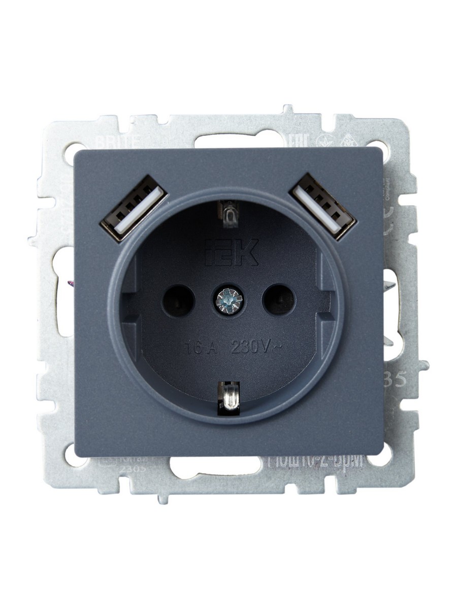 Розетка IEK BRITE с с/з и шторками 16А с USB A+A 3,1А РЮш10-2-БрМ маренго BR-R14-16-U21-D31-K35