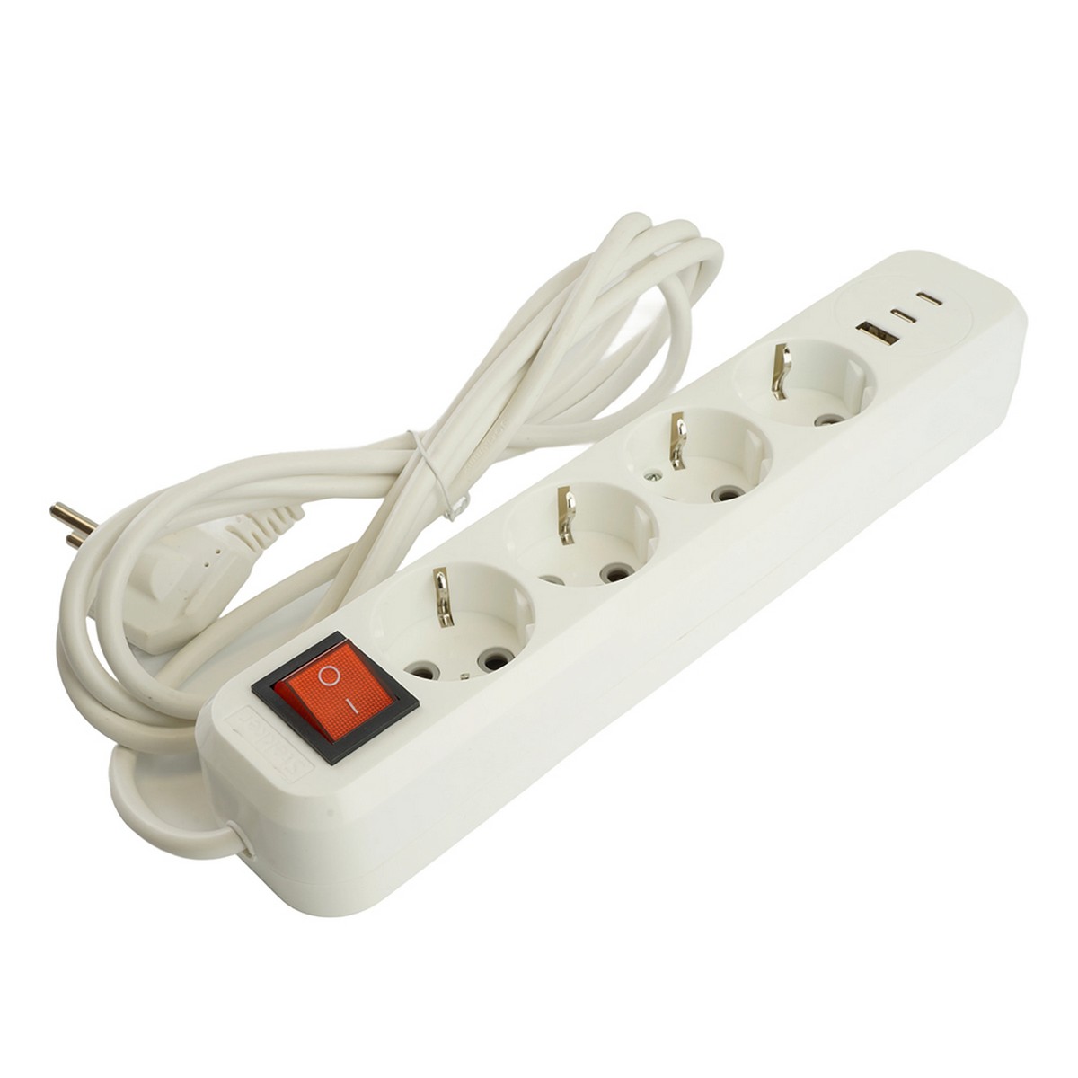Удлинитель 4-местный с/з с выключателем STEKKER HM071-41-02 2м 1USB+2C 2.4A Home белый 50139