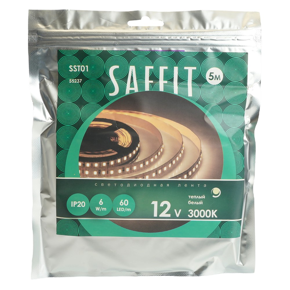 Лента светодиодная SAFFIT SST01 60SMD(2835)/м 6Вт/м 12V 3000K IP20 5 метров 55237