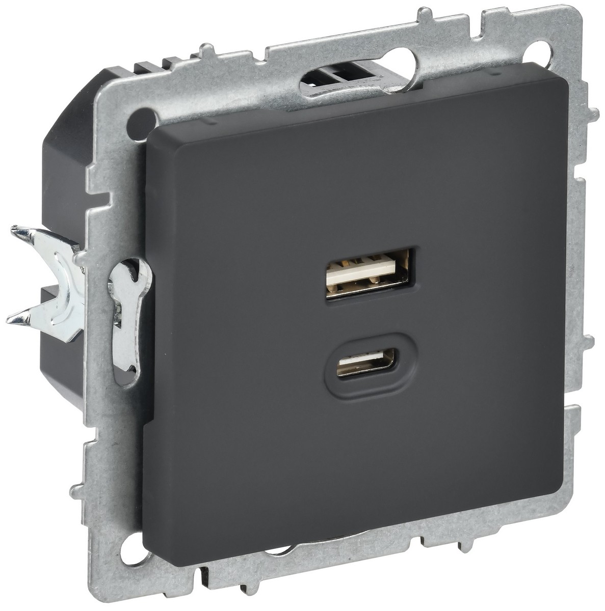 Розетка USB IEK BRITE A+C 45Вт высокоск. зар. РЮ11-2-БрГ графит