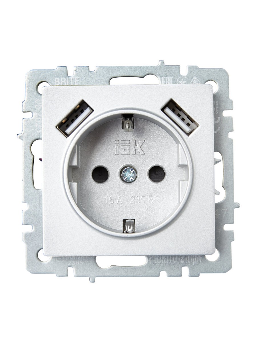 IEK Brite Алюминий Розетка IEK BRITE с с/з и шторками 16А с USB A+A 3,1А РЮш10-2-БрА алюминий BR-R14-16-U21-D31-K47