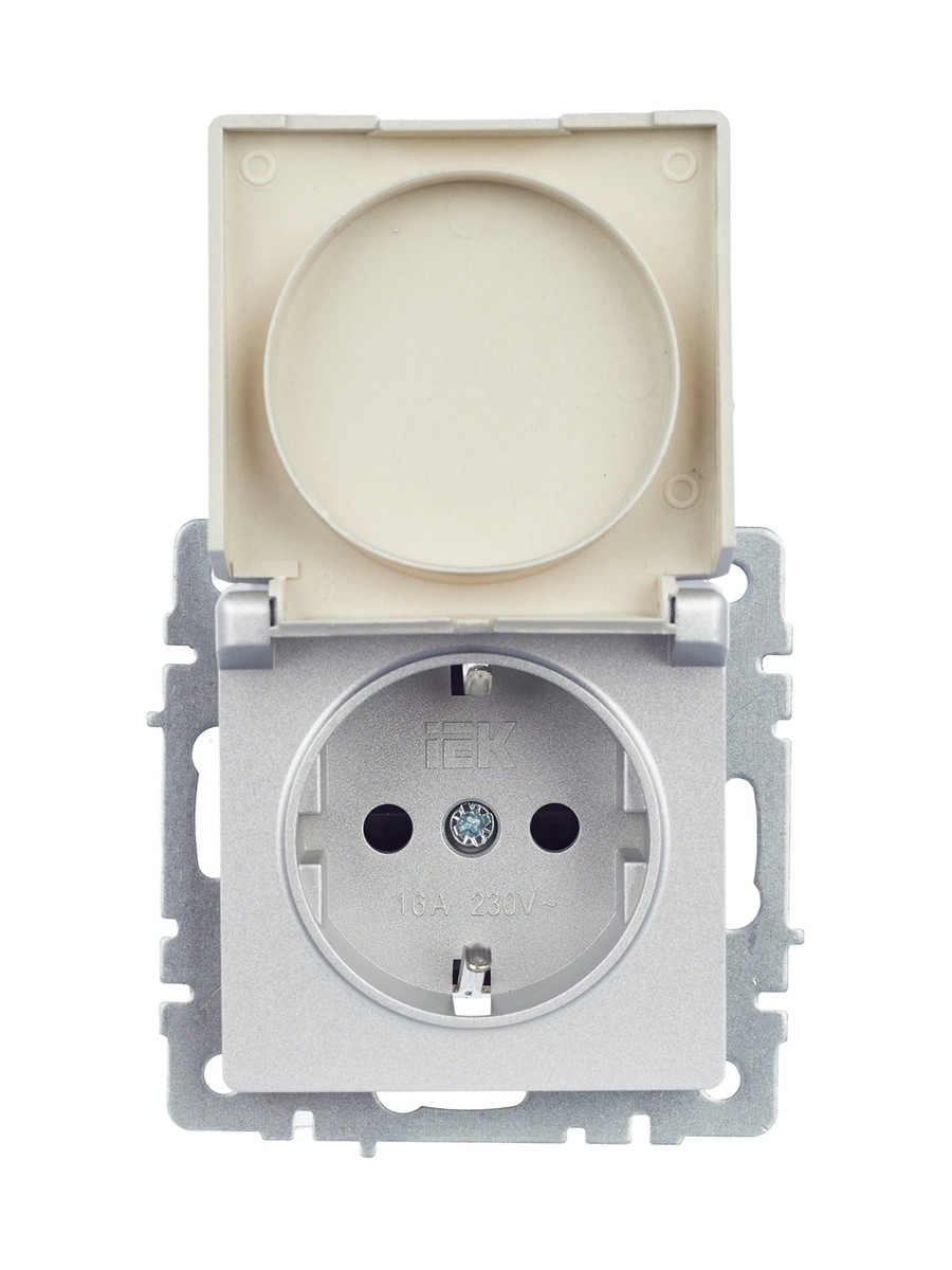 Розетка IEK BRITE с/з с шторками и крышкой 16А IP20 РСбш10-3-БрА алюминий BR-R16-16-K47