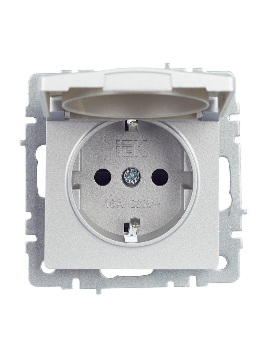 Розетка IEK BRITE с/з с шторками и крышкой 16А IP20 РСбш10-3-БрА алюминий BR-R16-16-K47