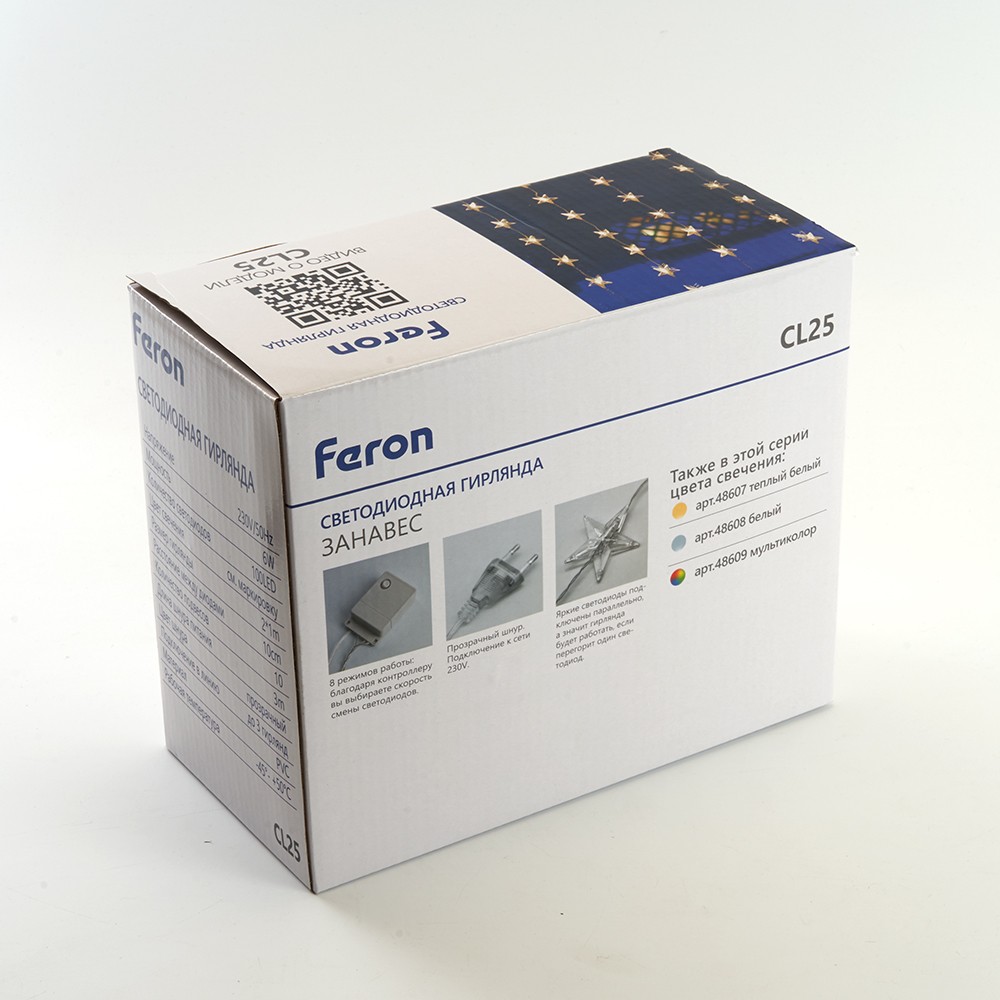 Светодиодная гирлянда Feron CL25 занавес Звездочки 2*1м + 3м 230V 2700K статичная c питанием от сети прозрачный шнур 48607