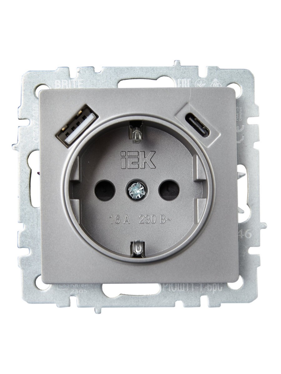 Розетка IEK BRITE с с/з и шторками 16А с USB A+C 18Вт РЮш11-1-БрС сталь BR-R14-16-U22-018-K46