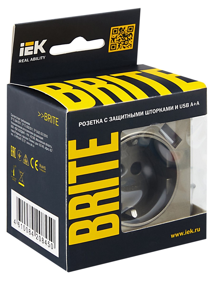 IEK Brite Шампань Розетка IEK BRITE с с/з и шторками 16А с USB A+A 2,1А РЮш10-1-БрШ шампань BR-R14-16-U21-D21-K37