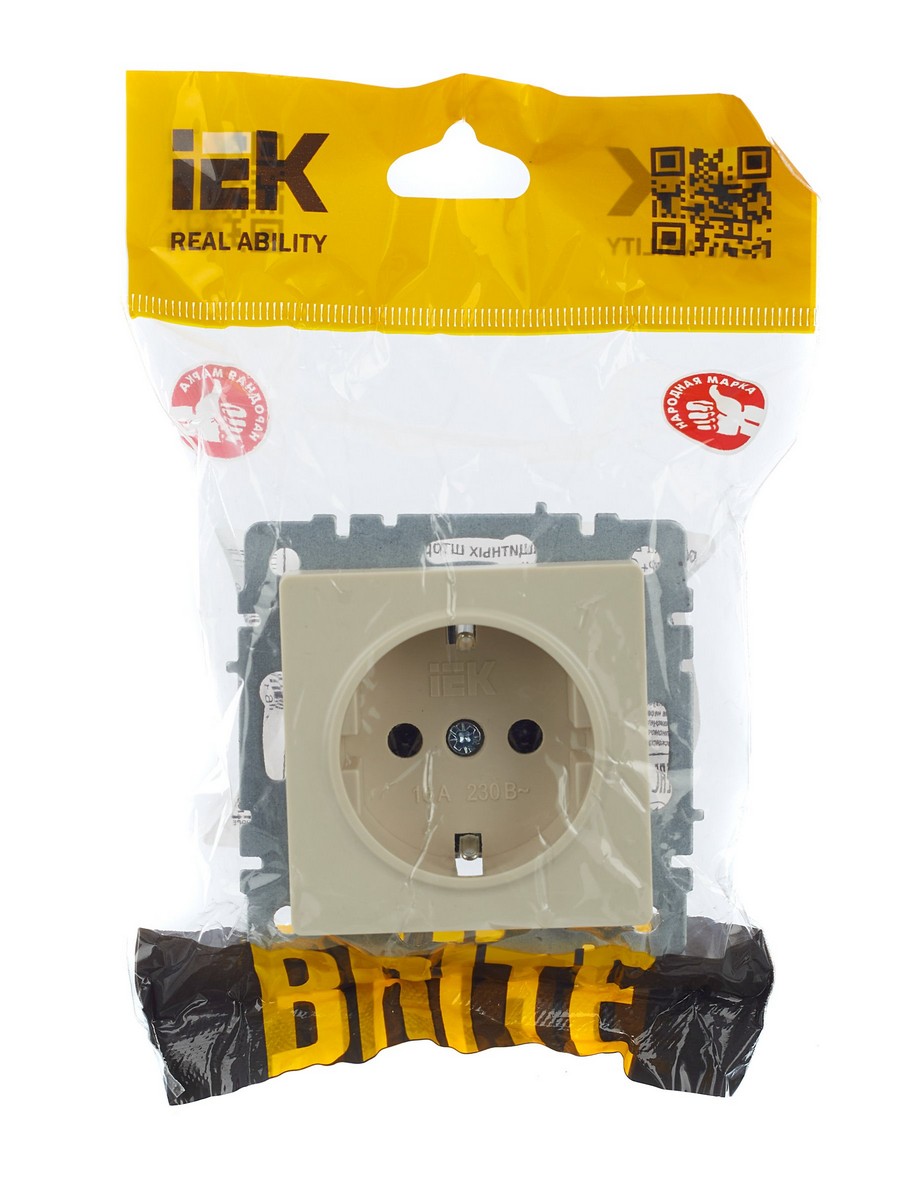 Розетка IEK BRITE с/з без шторок 16А РС11-1-0-БрКр бежевый BR-R11-16-K10