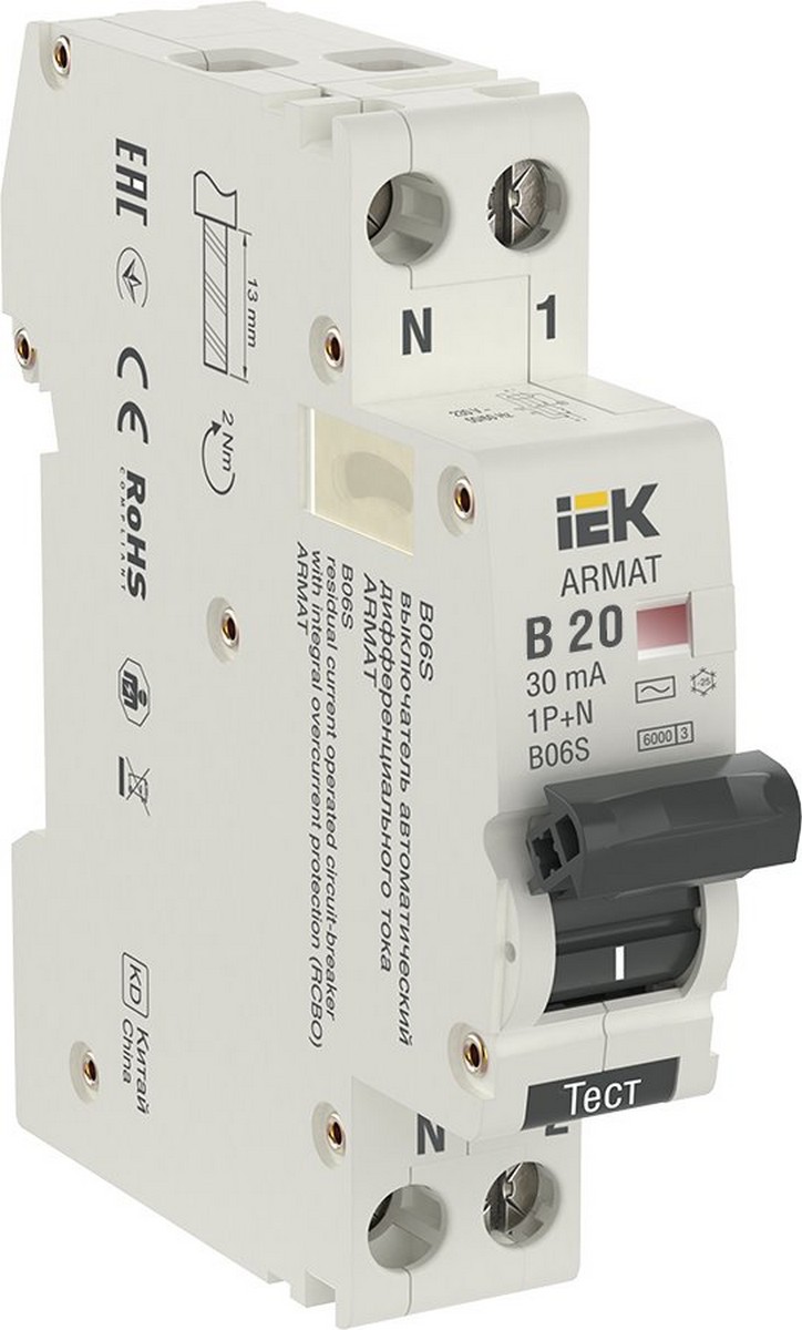 АВДТ Дифф. Автомат IEK ARMAT B06S 1P+NP B20 30мА тип AC (18мм) AR-B06S-1N-B20C030