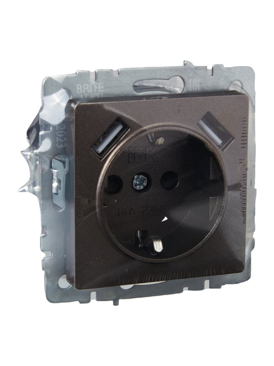 IEK Brite Бронза Розетка IEK BRITE с с/з и шторками 16А с USB A+A 2,1А РЮш10-1-БрТБ бронза BR-R14-16-U21-D21-K45