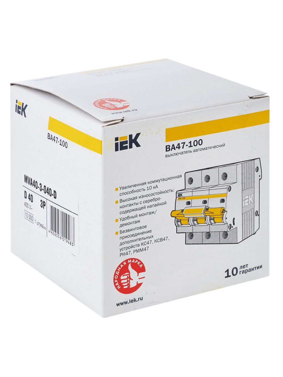 Автоматический выключатель IEK KARAT ВА47-100 3Р 40А 10кА х-ка D MVA40-3-040-D