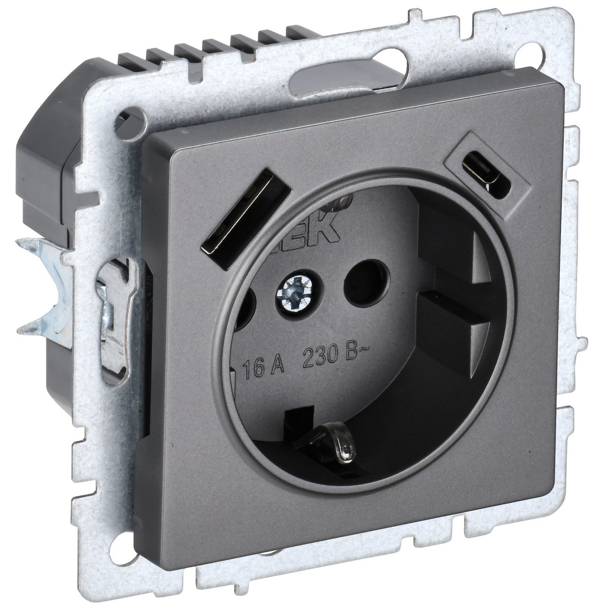 Розетка IEK BRITE с с/з и шторками 16А с USB A+C 18Вт РЮш11-1-БрС сталь BR-R14-16-U22-018-K46