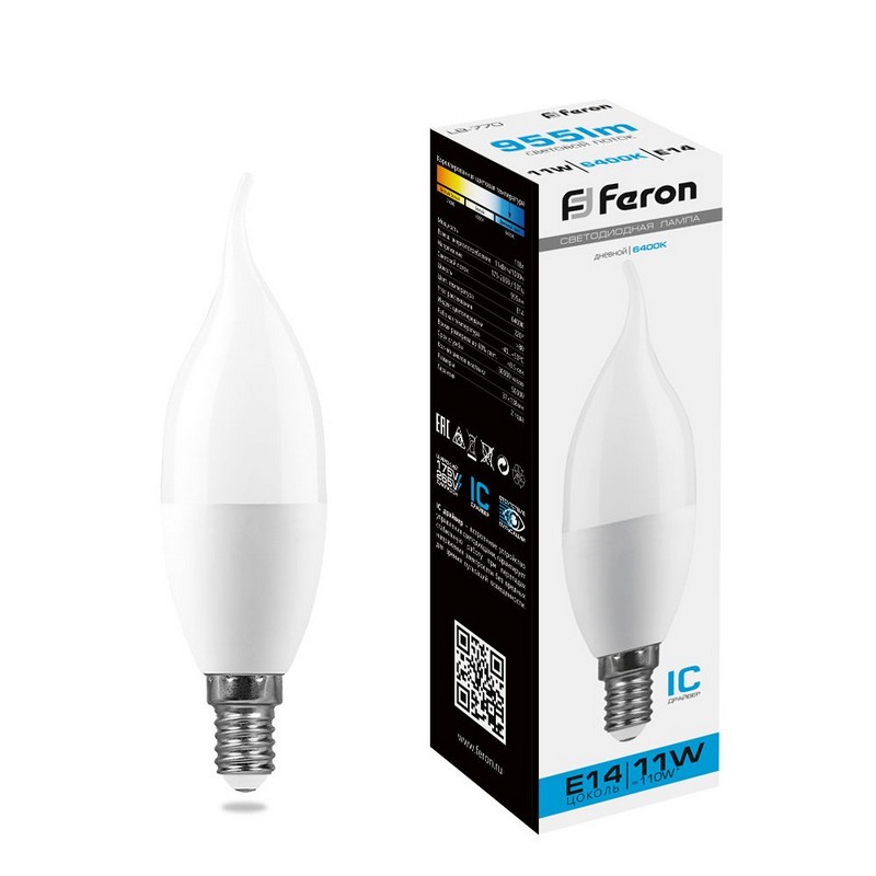 Лампа светодиодная Feron LB-770 Свеча на ветру E14 11W 6400K 25952