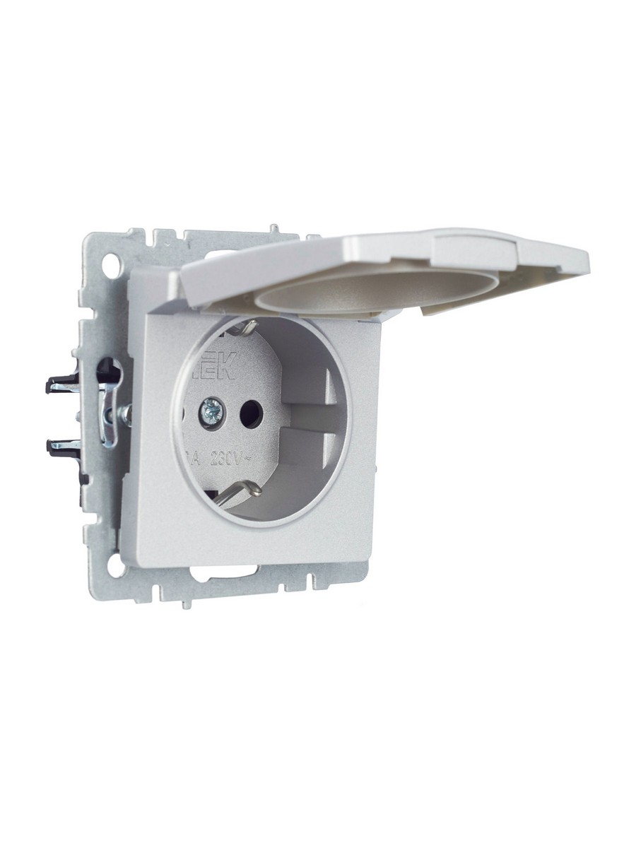 Розетка IEK BRITE с/з с шторками и крышкой 16А IP20 РСбш10-3-БрА алюминий BR-R16-16-K47