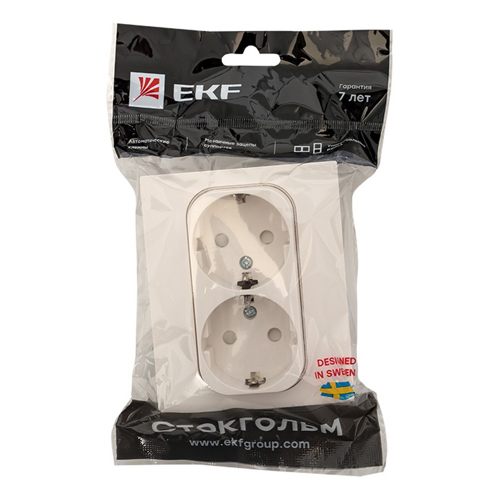 Розетка 2-ая EKF PROxima Стокгольм Белый с/з с рамкой 16А со шторками EXR16-128-10