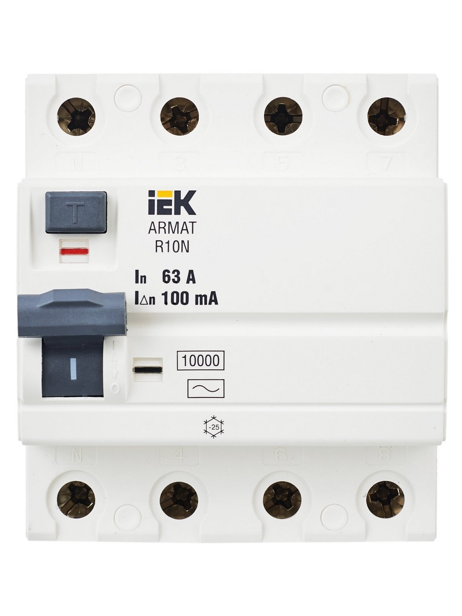 ВДТ УЗО IEK ARMAT R10N 4P 63А 100мА тип AC AR-R10N-4-063C100