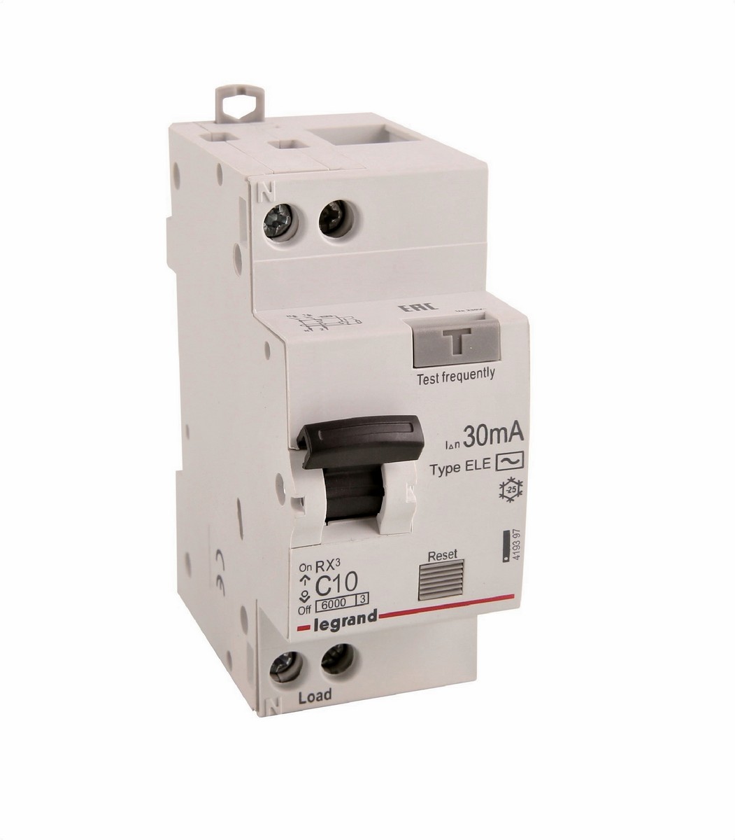 Legrand Дифференциальный автоматический выключатель Legrand RX3 1P+H 10A 30mA 4,5kA тип AC х-ка C 419397 