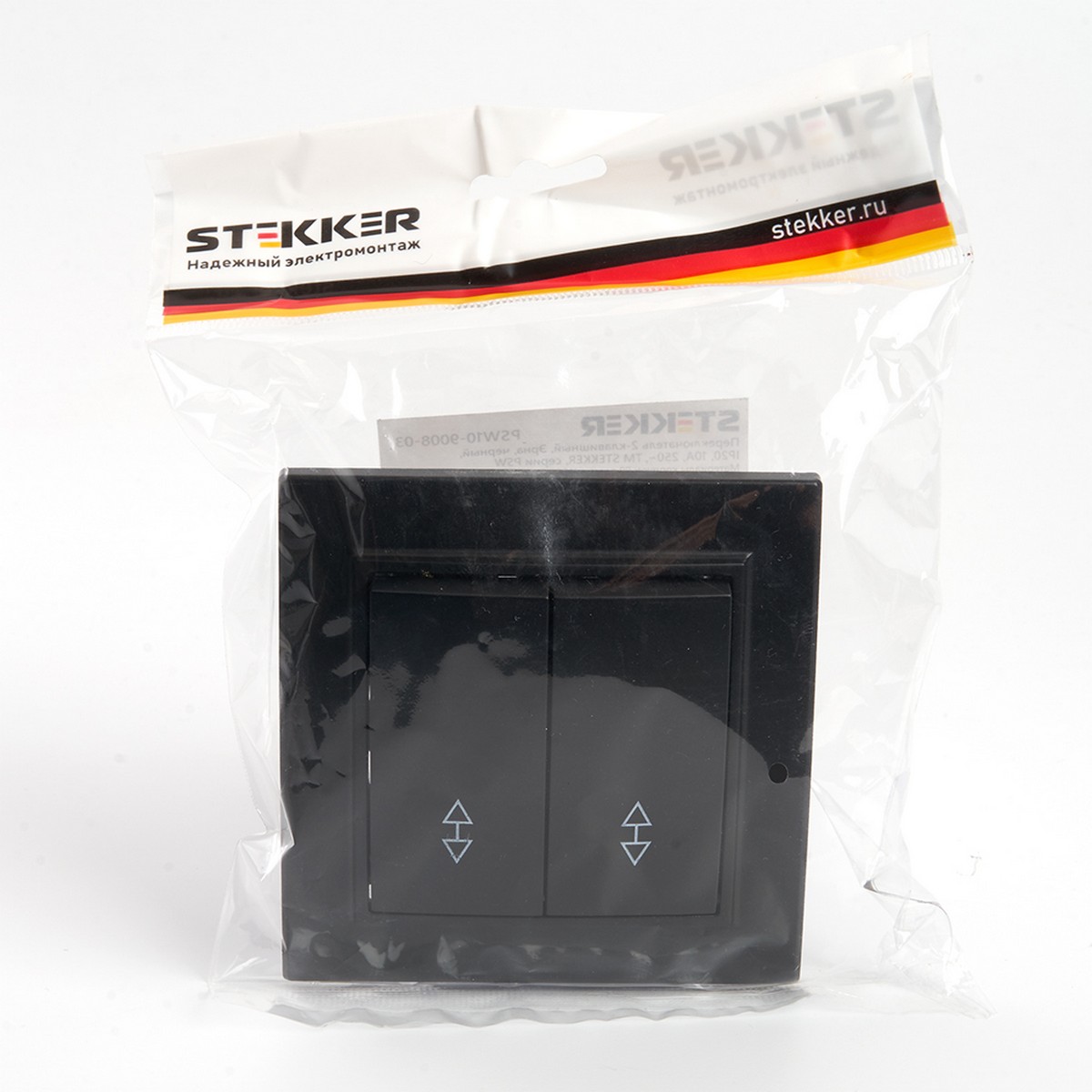 Переключатель 2-клавишный STEKKER PSW10-9008-03 10А Эрна черный с рамкой 39921